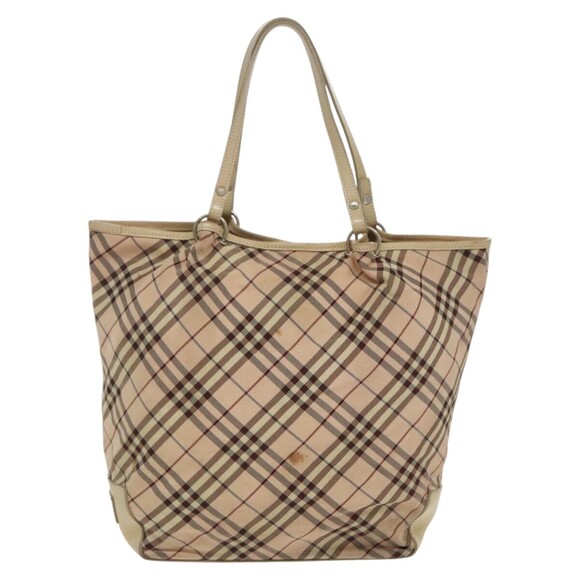 BURBERRY Nova Check Blue Label Tote Bag Nylon Beige Silver Auth 96792 - Picture 2 of 16